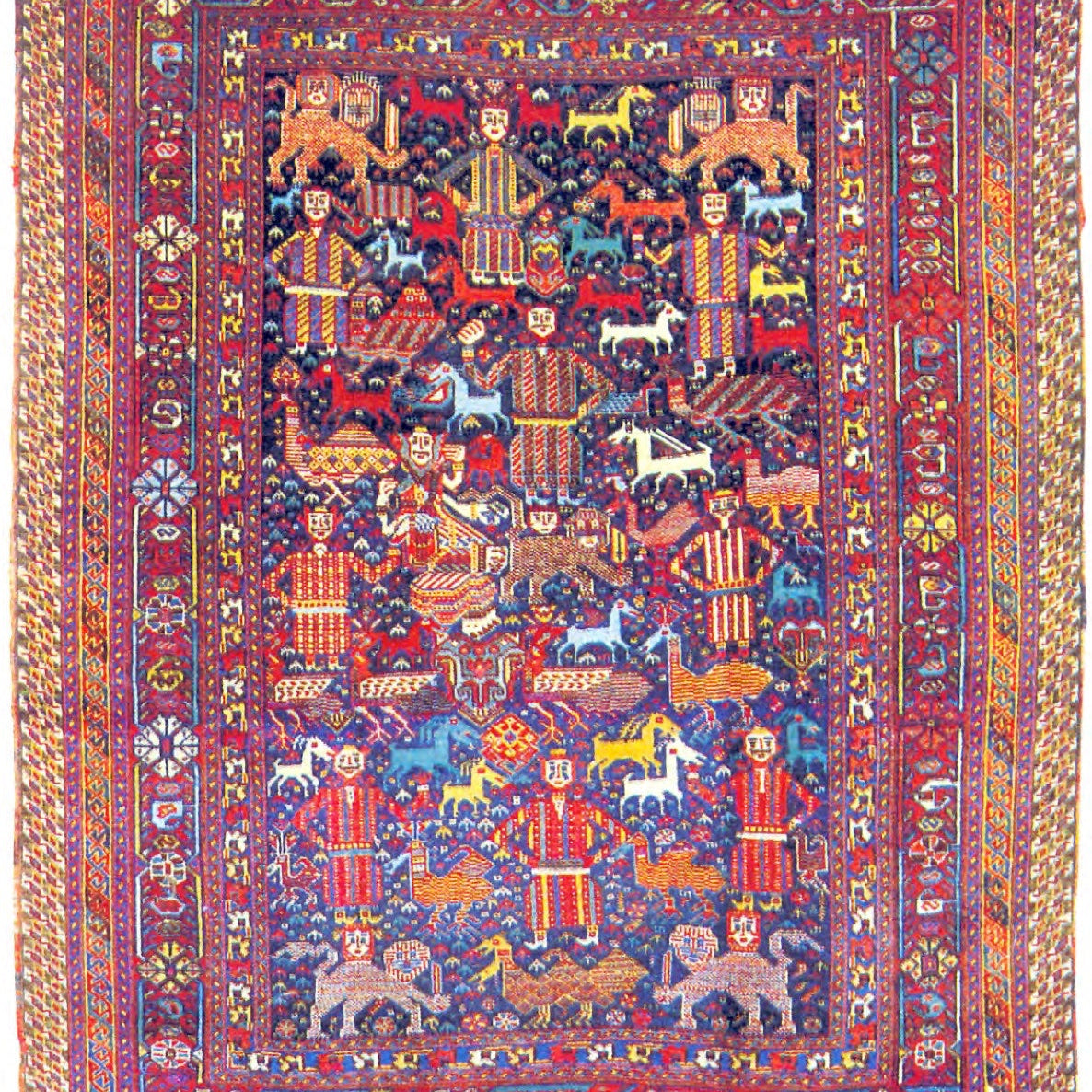 Hand-knotted Arab Jinni rug with a dark blue field crowded with standing people, lions with human faces, horses and birds, inside layered red borders.
