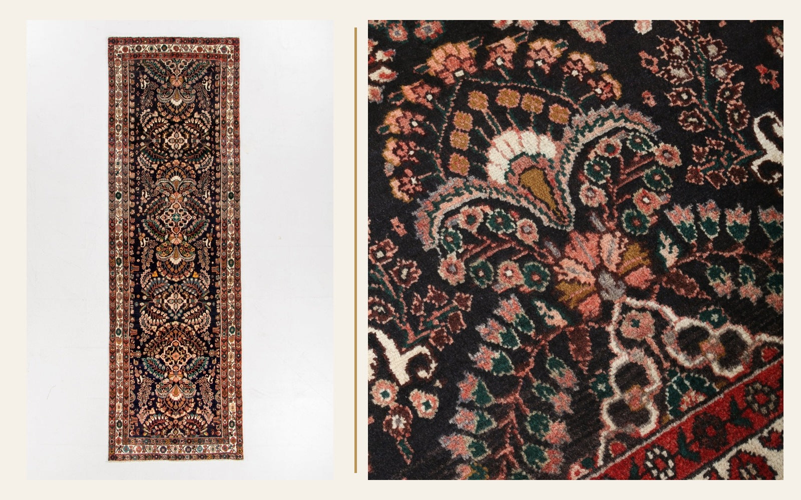 Persian Lilihan runner shown in full beside a close view of its floral field
