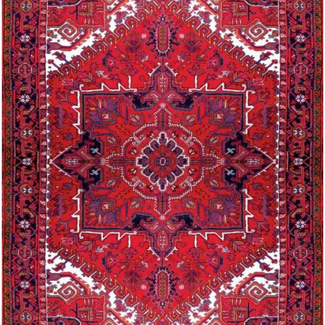 Red Bakhshayesh carpet with a broad angular central medallion, corner forms and layered floral borders