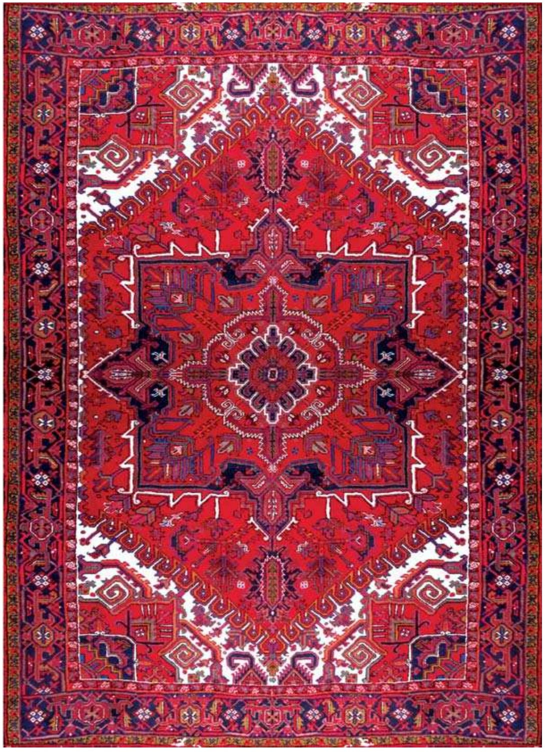 Red Bakhshayesh carpet with a broad angular central medallion, corner forms and layered floral borders