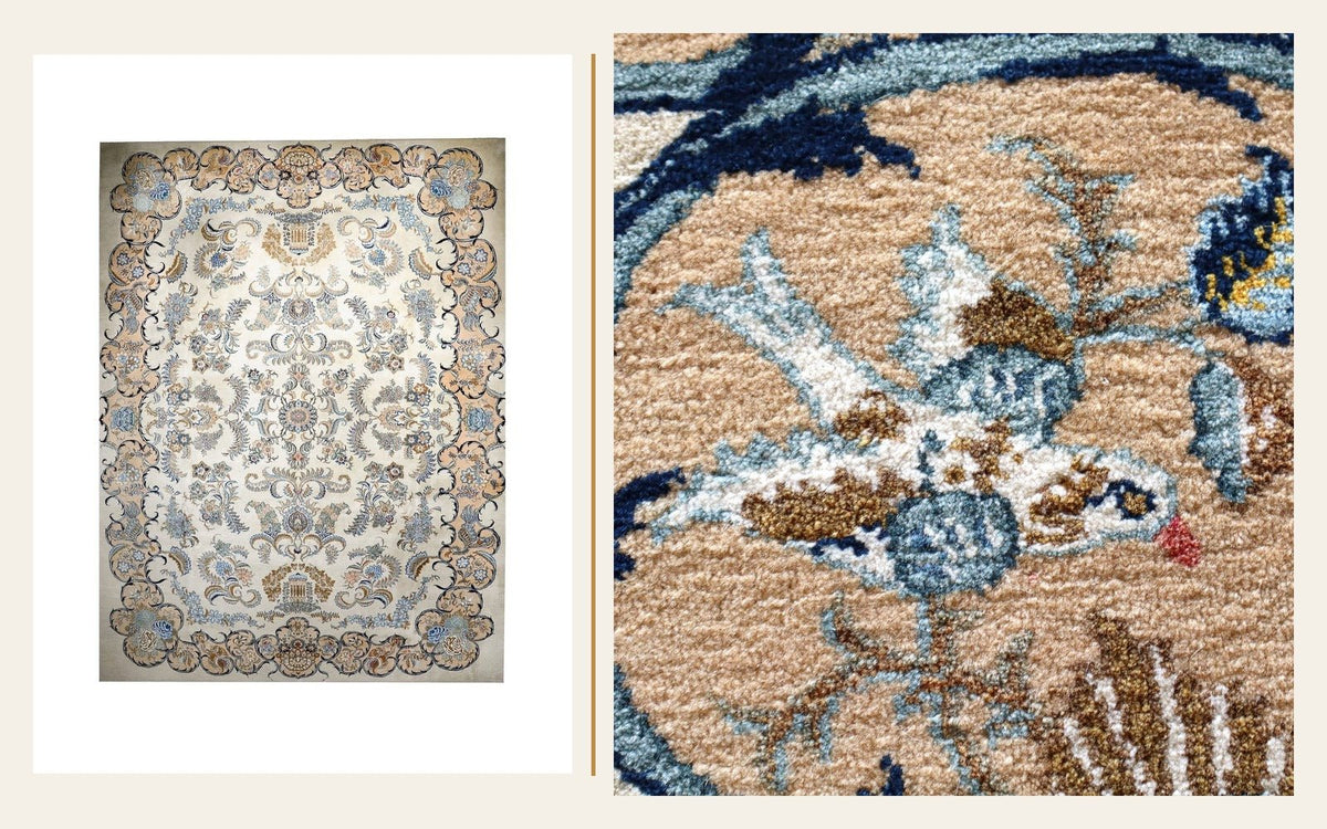 Full view and close pile detail of a hand-knotted Kashan rug