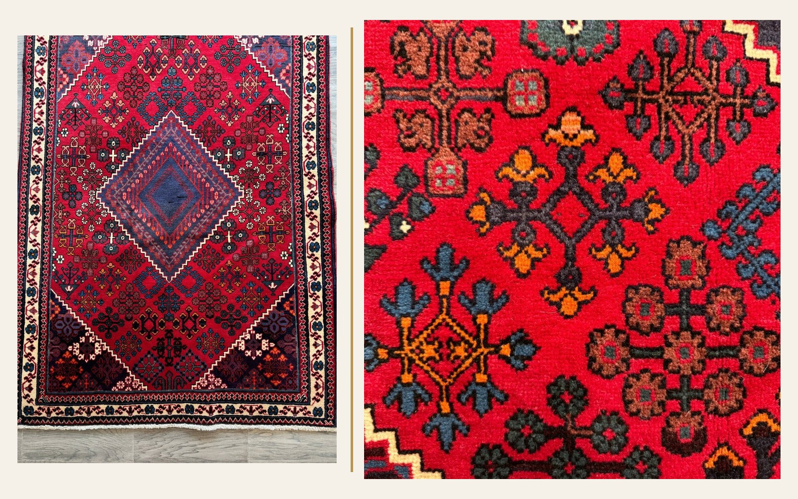 Persian Joshaghan rug shown in full beside a close view of its geometric floral motifs