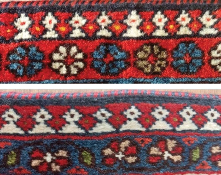 Two Yalameh carpet details showing pale and red interlocking madakhel borders