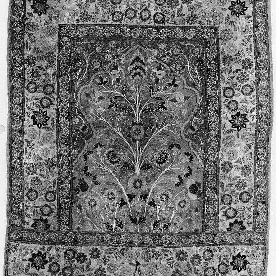 Eighteenth-century Iranian felt panel embroidered in silk, photographed in monochrome