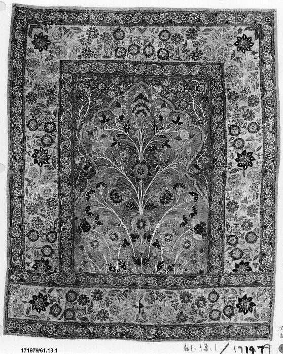 Eighteenth-century Iranian felt panel embroidered in silk, photographed in monochrome
