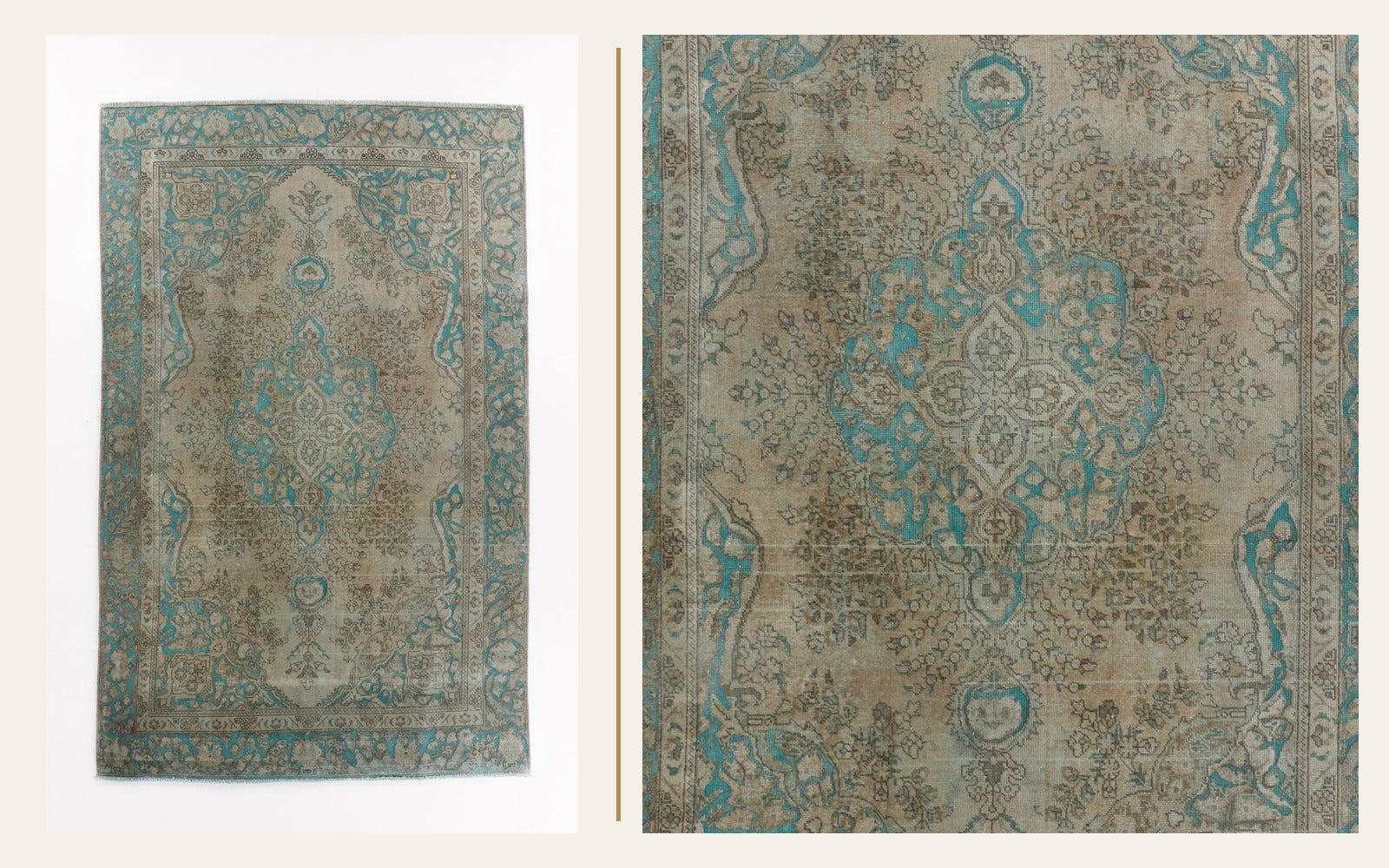 Persian Tabriz rug and close view of its central floral medallion