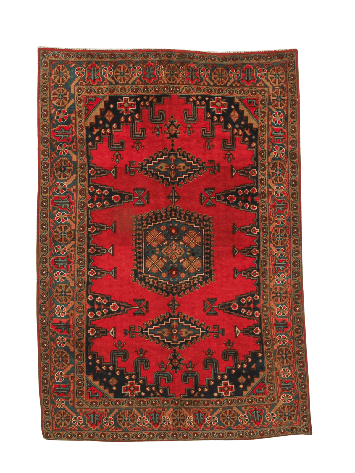 Contemporary Wiss rug with a red field, stepped dark forms and patterned borders