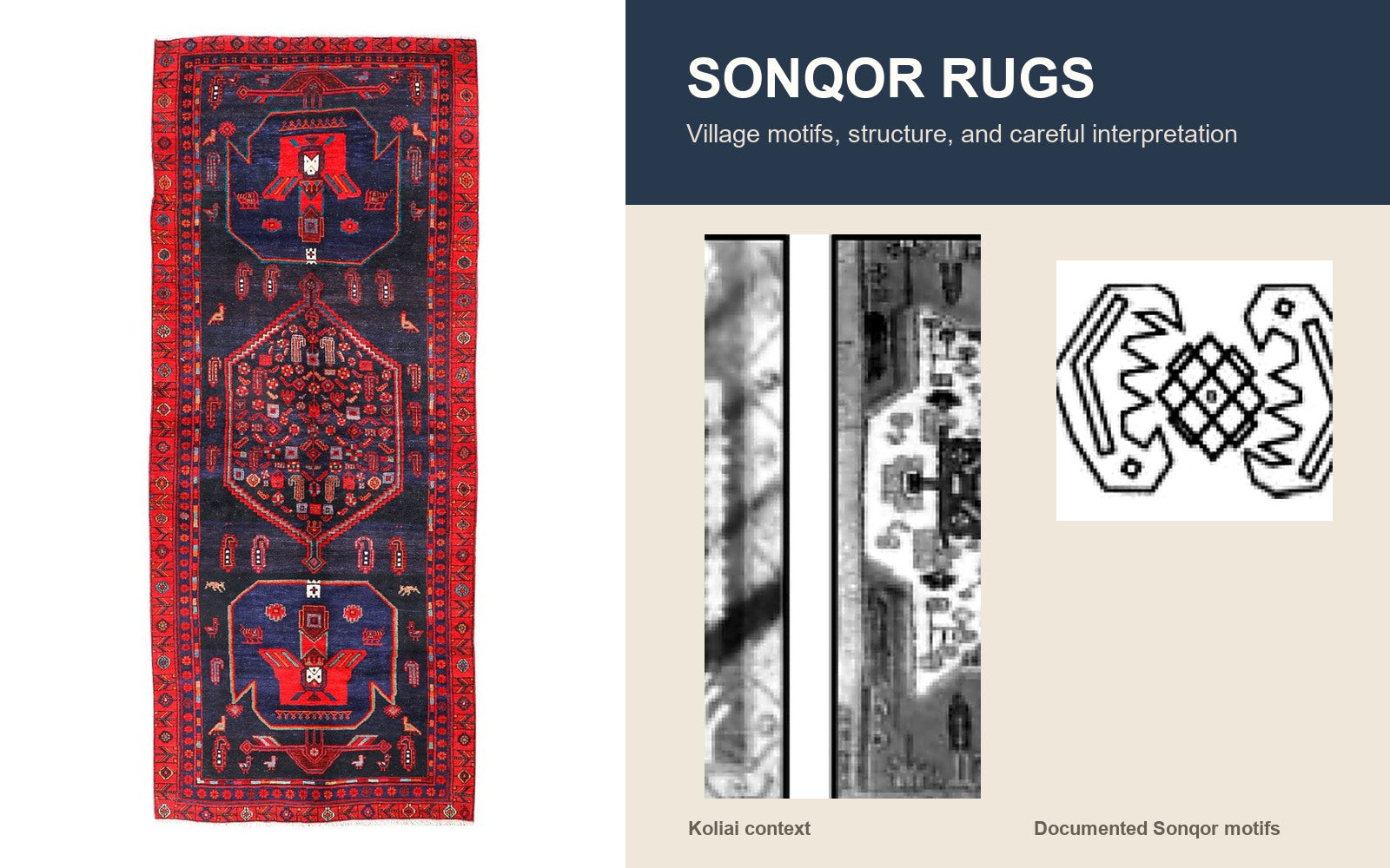 Sonqor rug guide featuring a Koliai context rug and documented tree and fish motifs