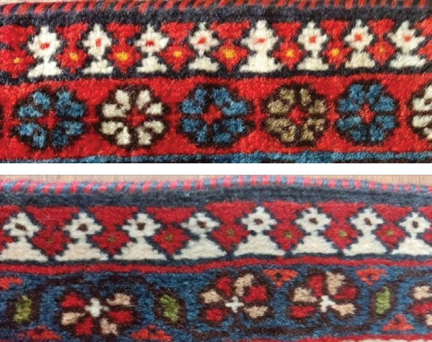 Two Yalameh carpet details showing pale and red interlocking madakhel borders