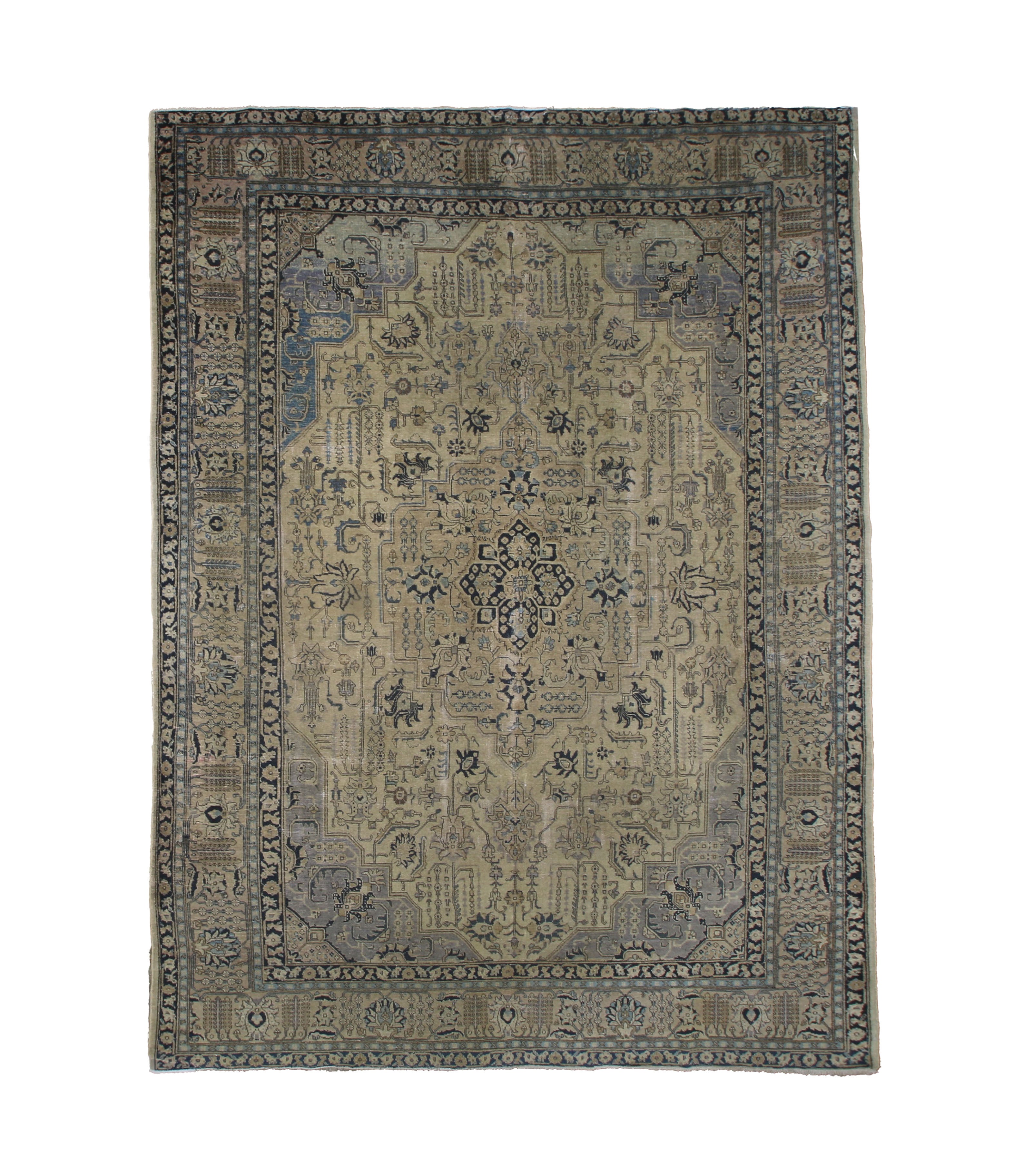 Vintage Tabriz Rug, top view on white background, hand-knotted wool pile. SKU 0005.