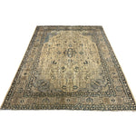 Vintage Tabriz Rug, full rug in perspective showing the patterned field and borders, hand-knotted wool pile. SKU 0005.