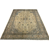 Vintage Tabriz Rug, full rug in perspective showing the patterned field and borders, hand-knotted wool pile. SKU 0005.