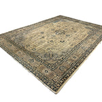 Vintage Tabriz Rug, diagonal perspective view of the complete rug, hand-knotted wool pile. SKU 0005.