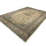 Vintage Tabriz Rug, diagonal perspective view of the complete rug, hand-knotted wool pile. SKU 0005.