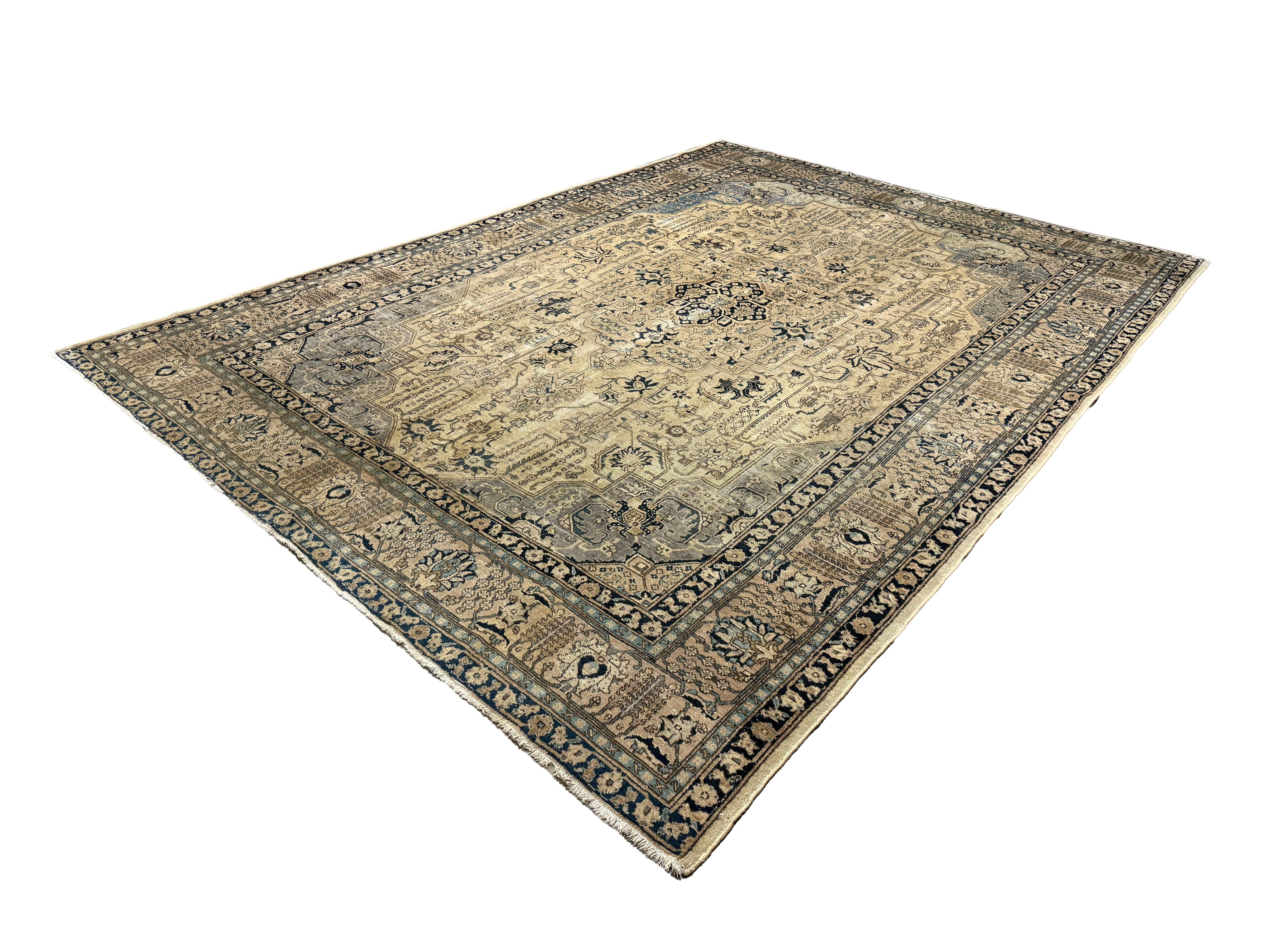 Vintage Tabriz Rug, diagonal perspective view of the complete rug, hand-knotted wool pile. SKU 0005.