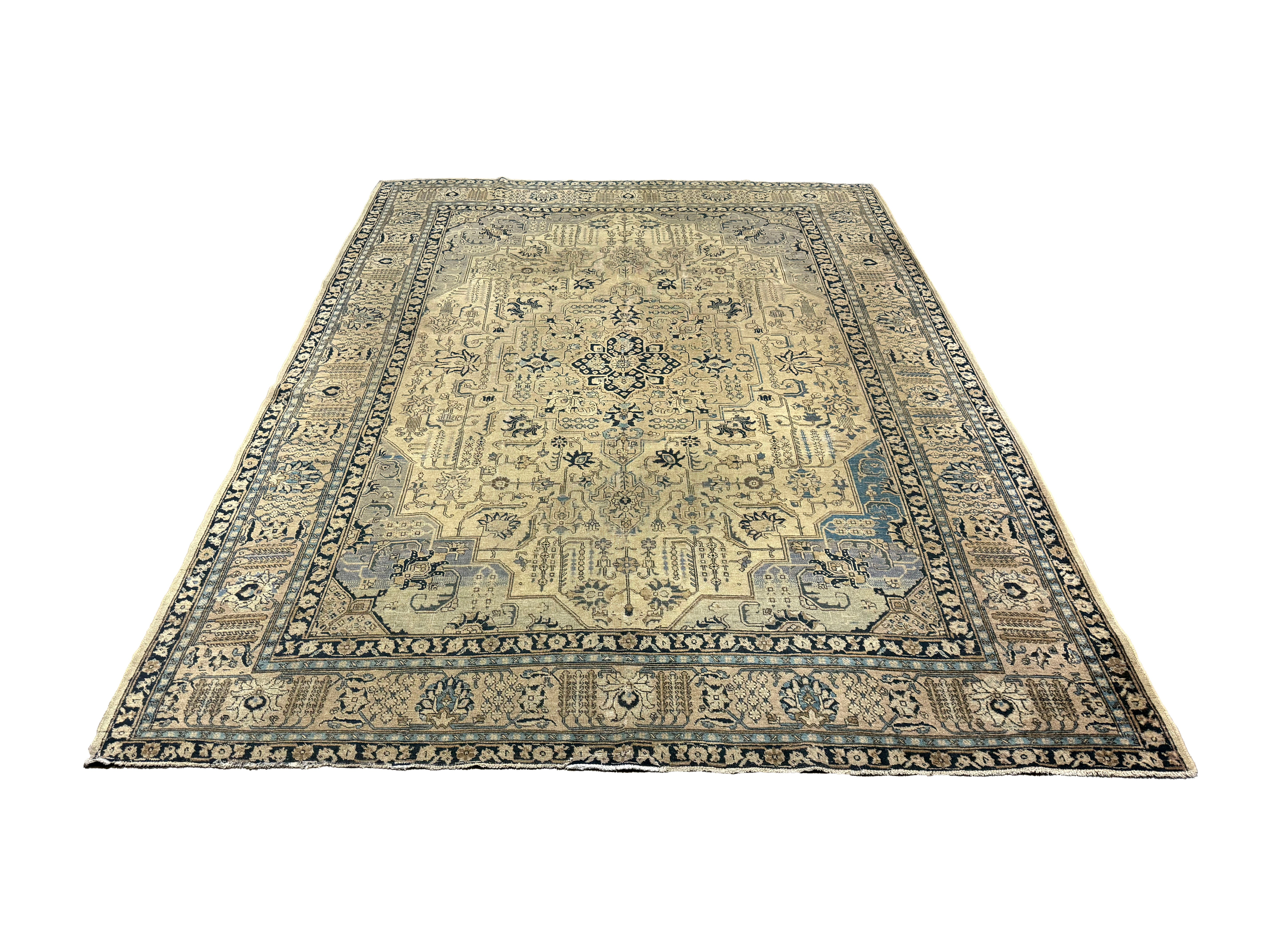 Vintage Tabriz Rug, front perspective view of the complete rug, hand-knotted wool pile. SKU 0005.