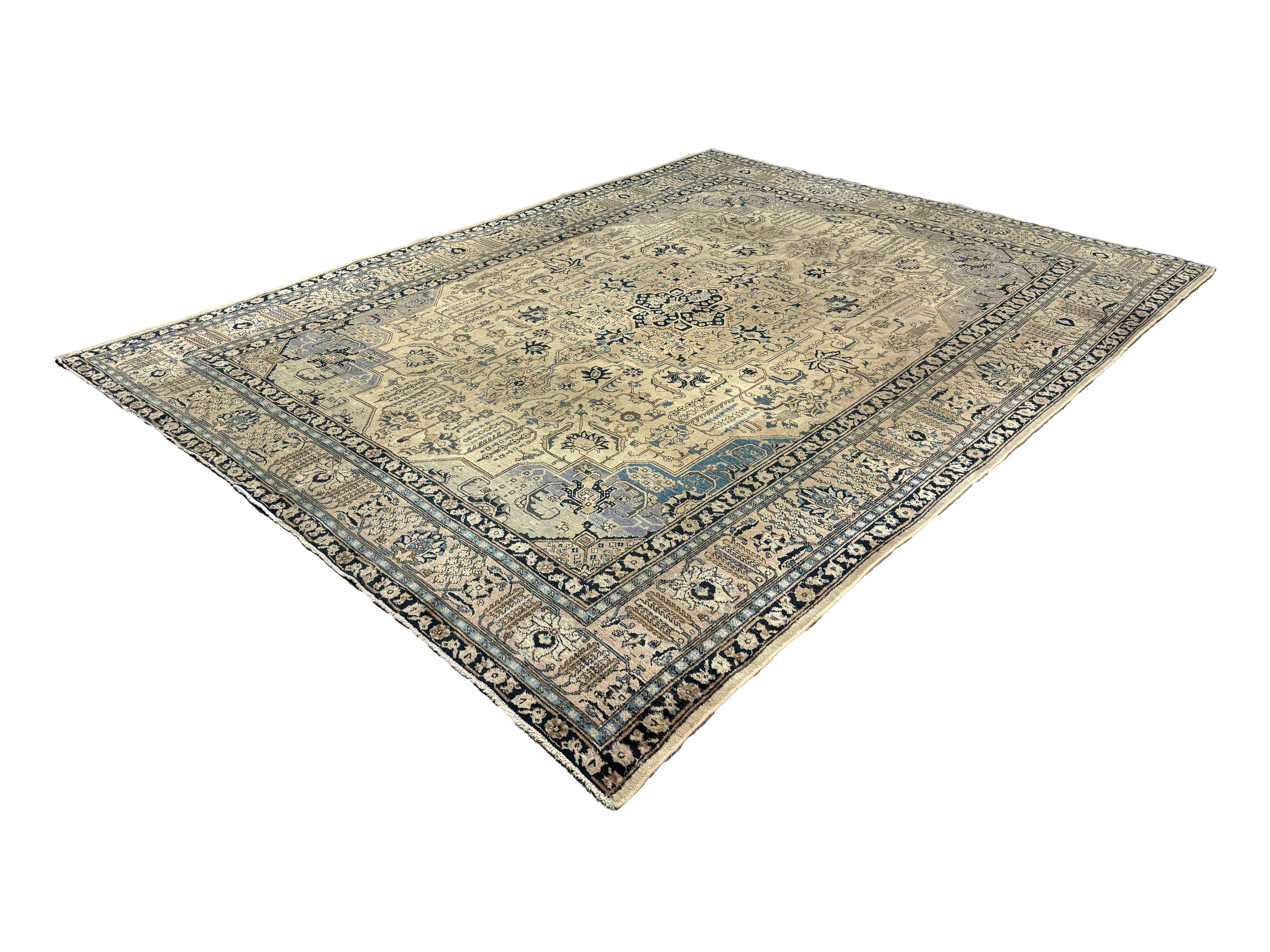 Vintage Tabriz Rug, angled view showing the full field and borders, hand-knotted wool pile. SKU 0005.