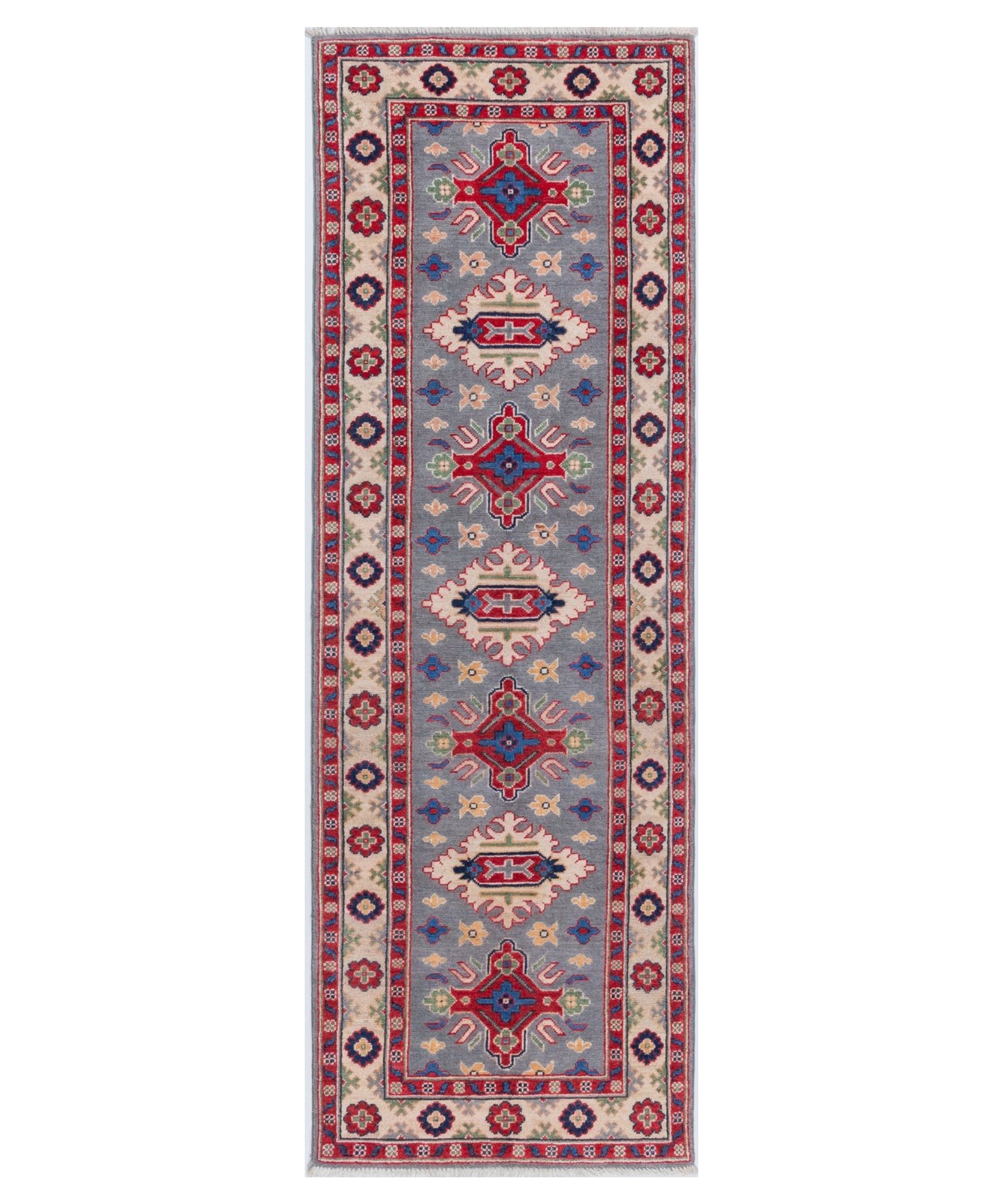 Full front view of blue & ivory Kazak-inspired wool runner 29657.