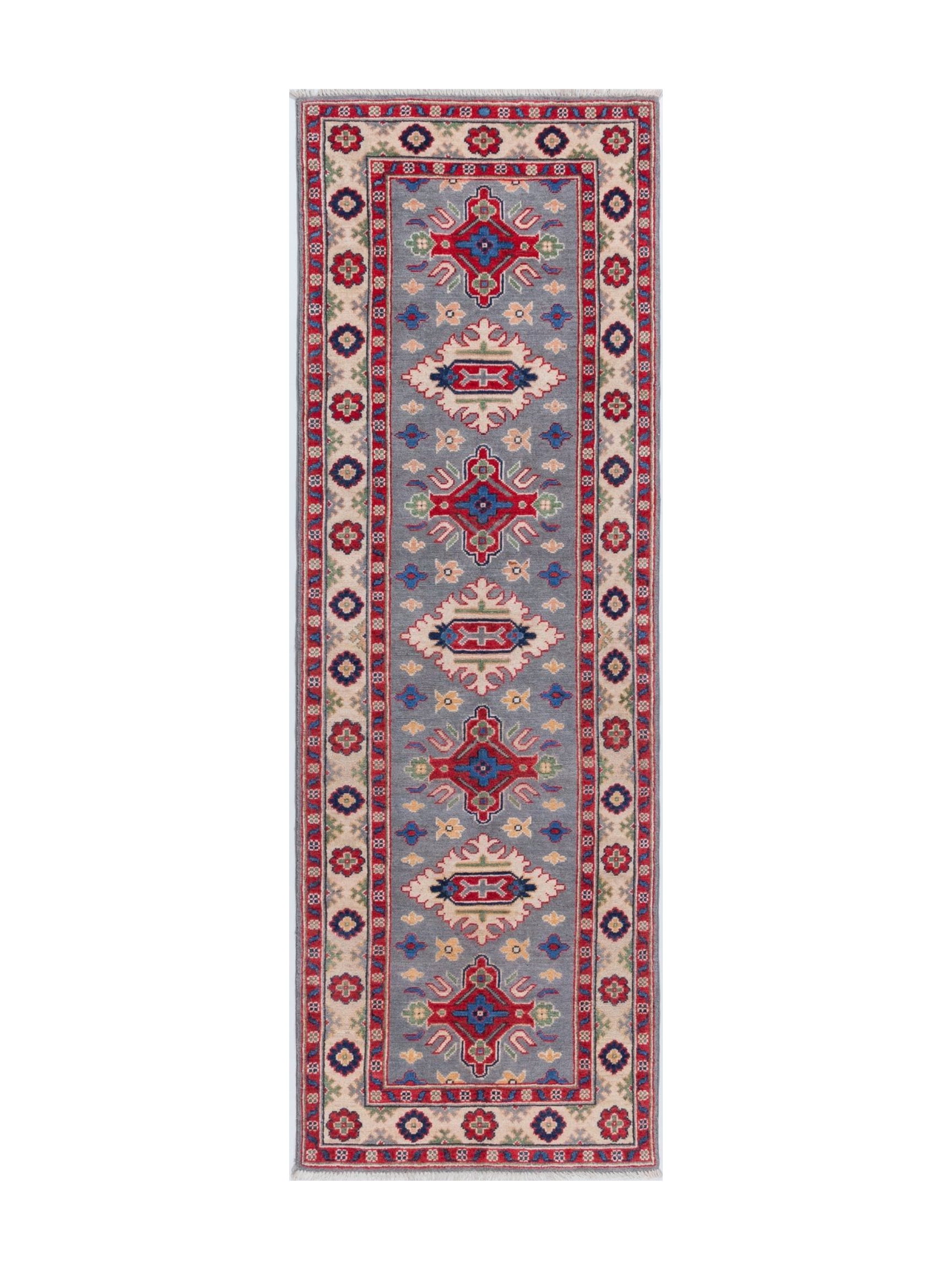 Full front view of blue & ivory Kazak-inspired wool runner 29657.