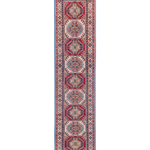 Full front view of blue & red Kazak-inspired wool runner 29656.