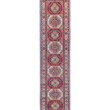 Full front view of blue & red Kazak-inspired wool runner 29656.