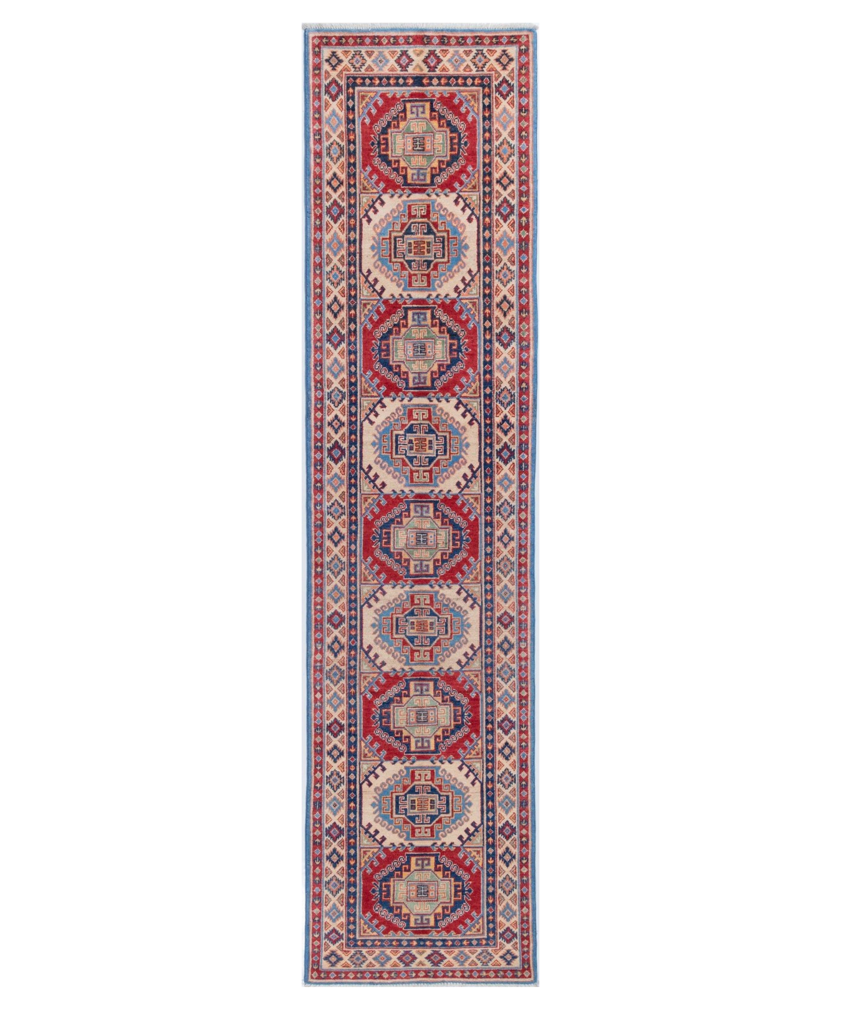 Full front view of blue & red Kazak-inspired wool runner 29656.