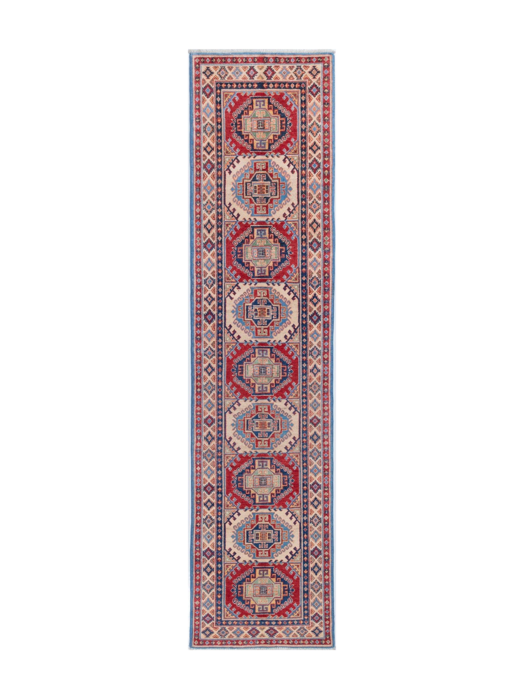 Full front view of blue & red Kazak-inspired wool runner 29656.