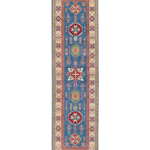 Full front view of blue & ivory Kazak-inspired wool runner 29655.
