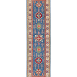 Full front view of blue & ivory Kazak-inspired wool runner 29655.