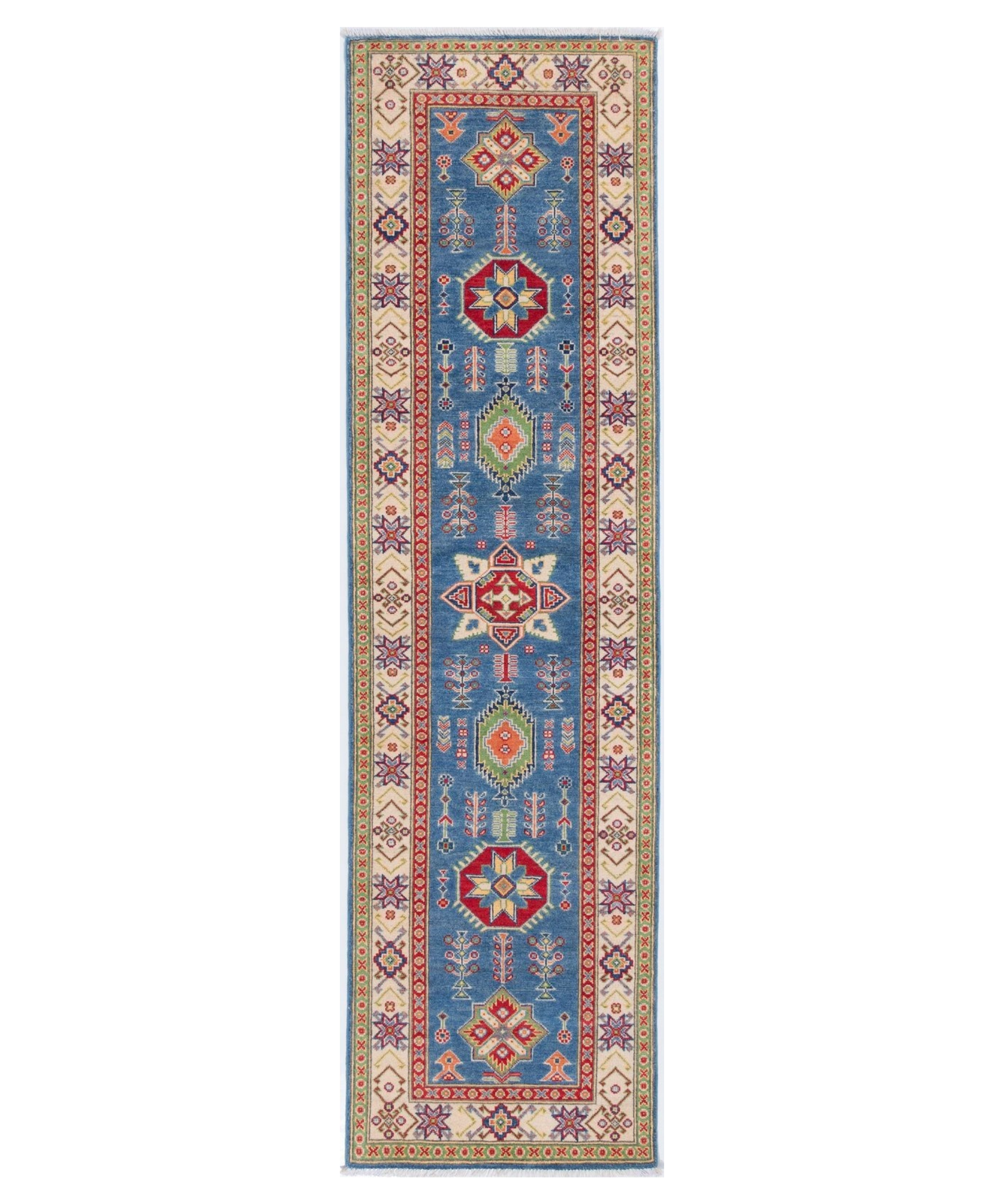 Full front view of blue & ivory Kazak-inspired wool runner 29655.
