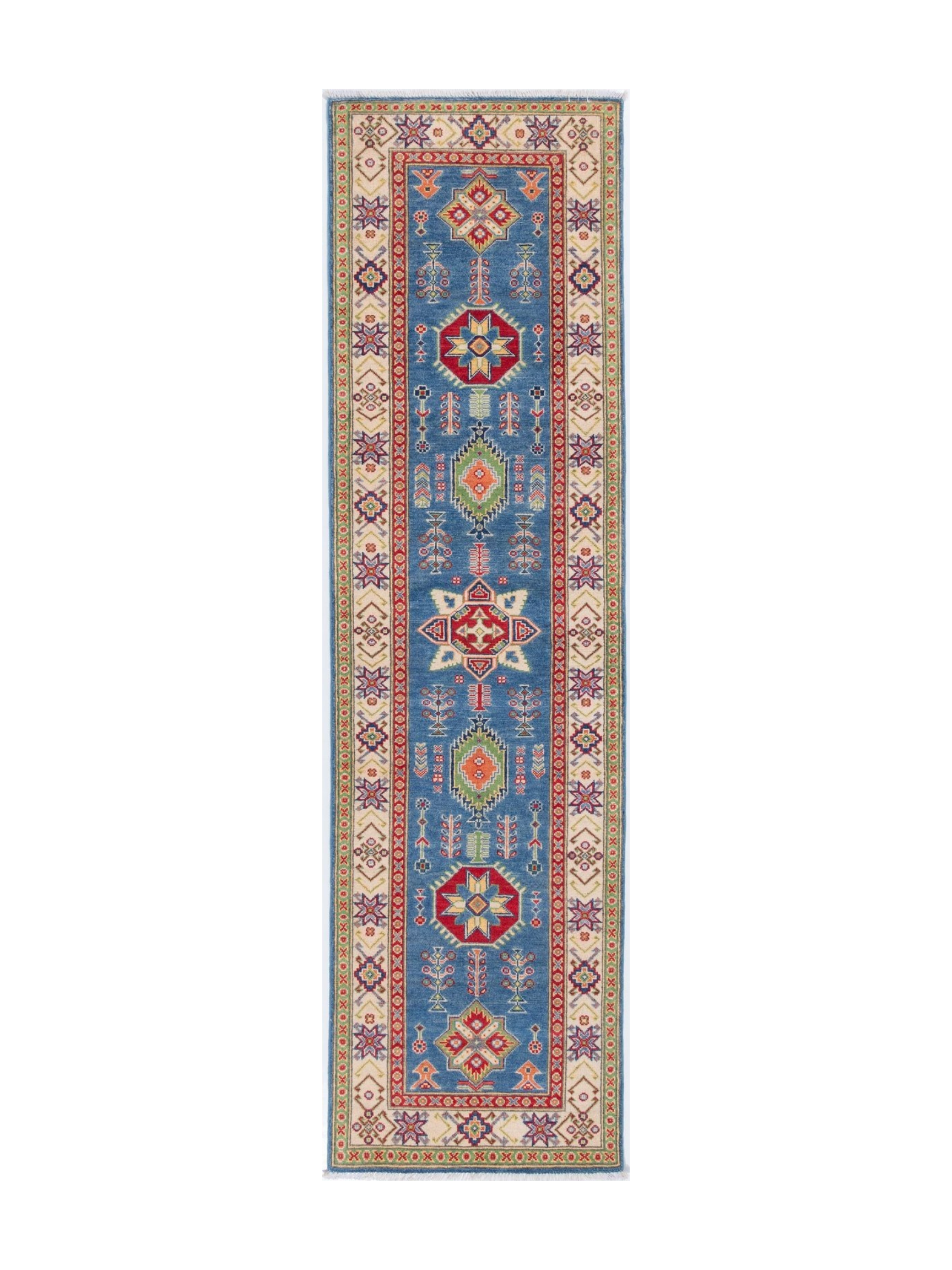 Full front view of blue & ivory Kazak-inspired wool runner 29655.