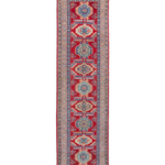 Full front view of red & blue Kazak-inspired wool runner 29654.