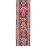 Full front view of red & blue Kazak-inspired wool runner 29654.