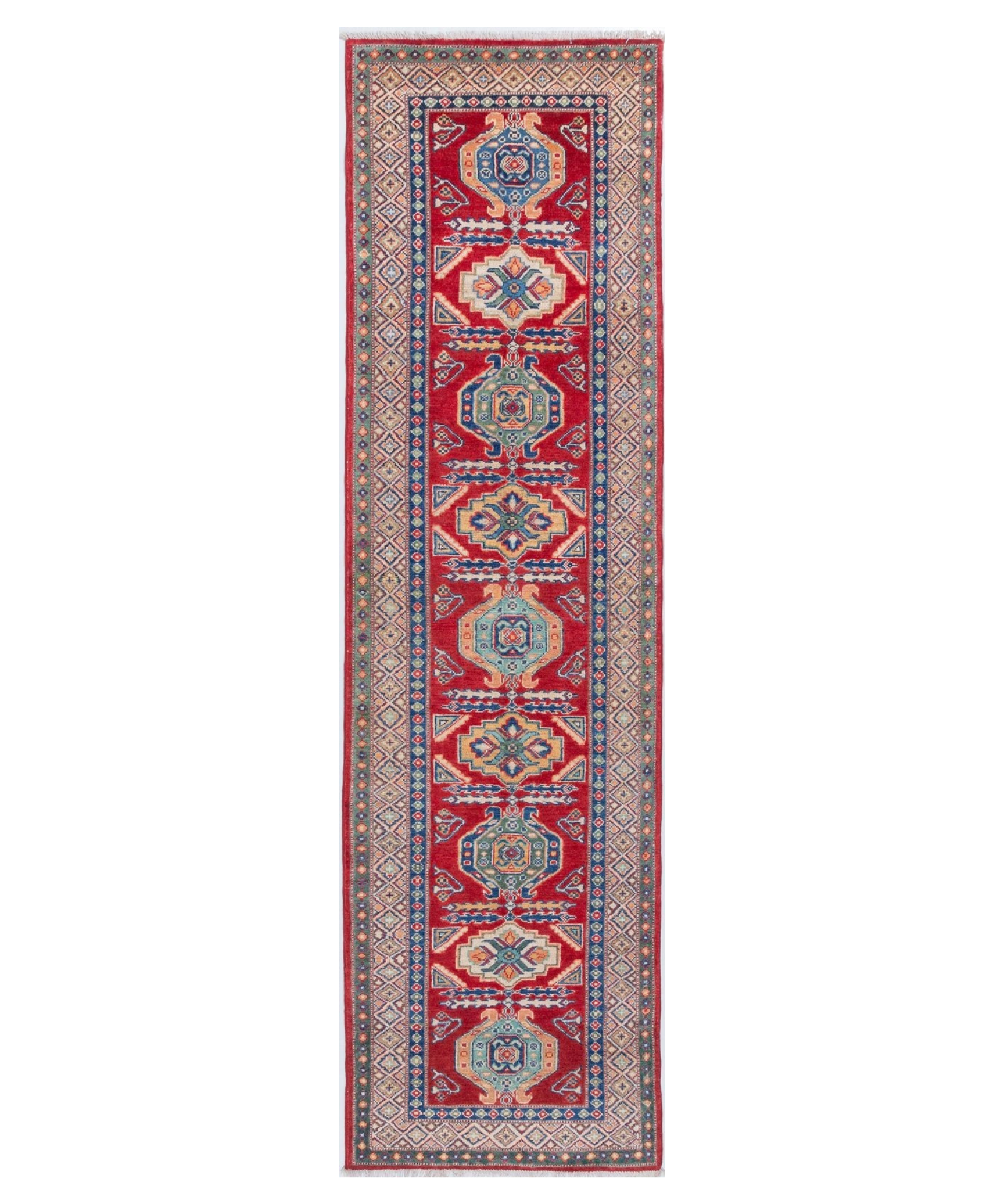 Full front view of red & blue Kazak-inspired wool runner 29654.