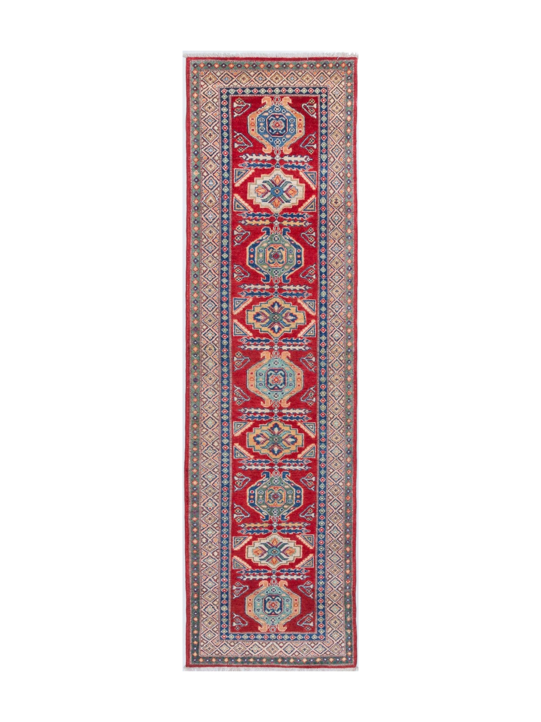 Full front view of red & blue Kazak-inspired wool runner 29654.