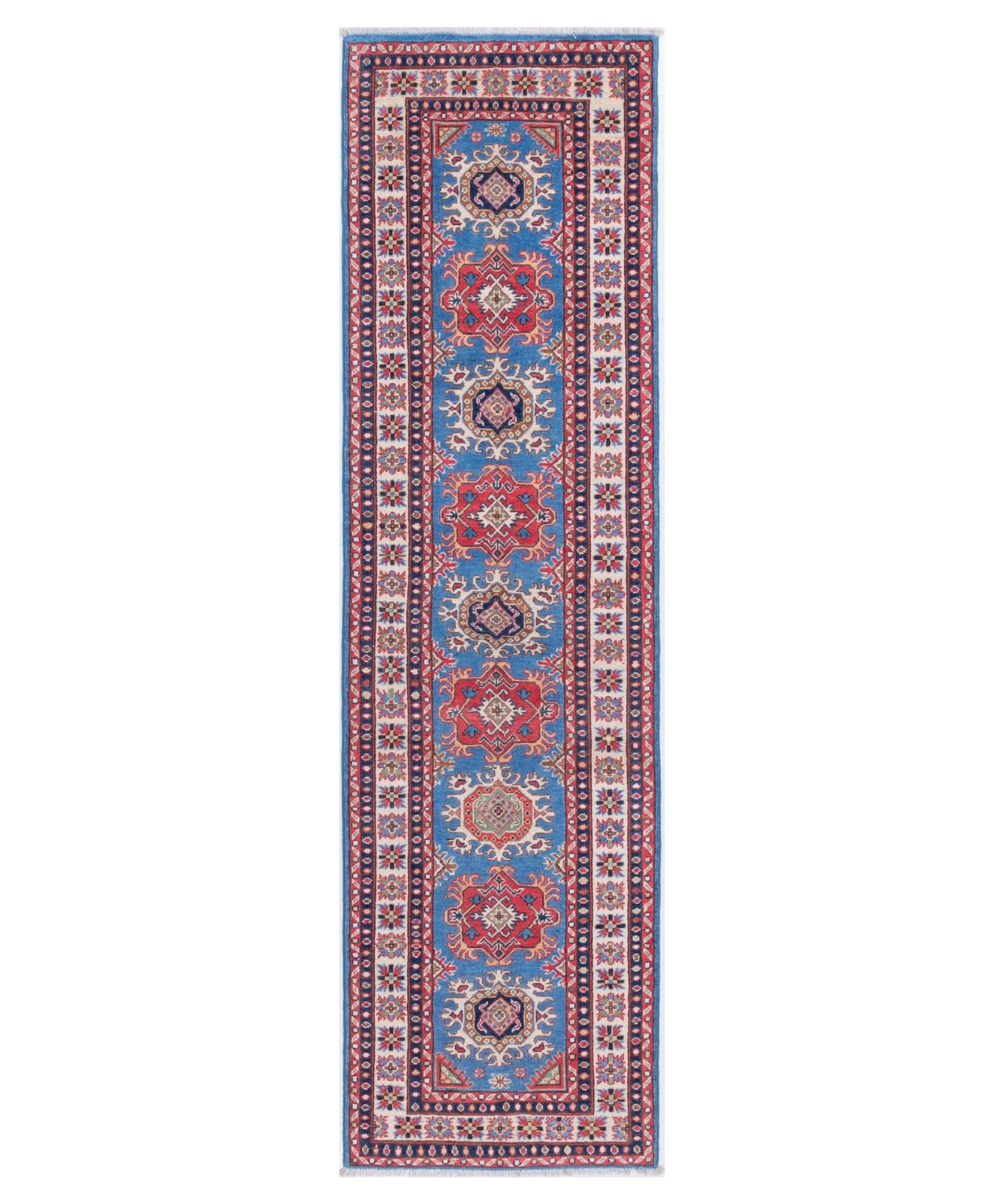 Full front view of blue & red Kazak-inspired wool runner 29653.