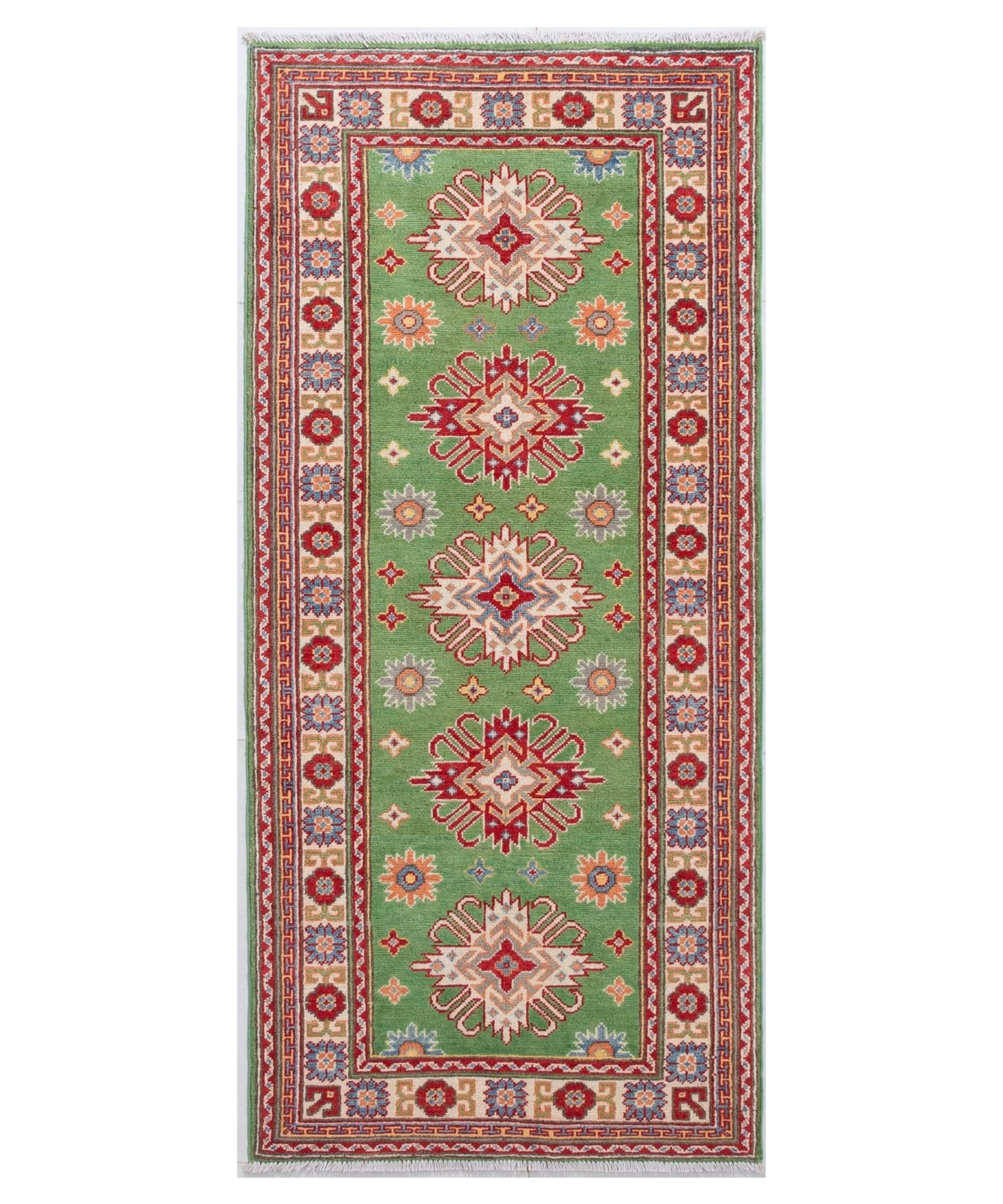 Full front view of green & red Kazak-inspired wool runner 29353.
