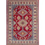 Full front view of red & blue Kazak-inspired wool rug 21987.