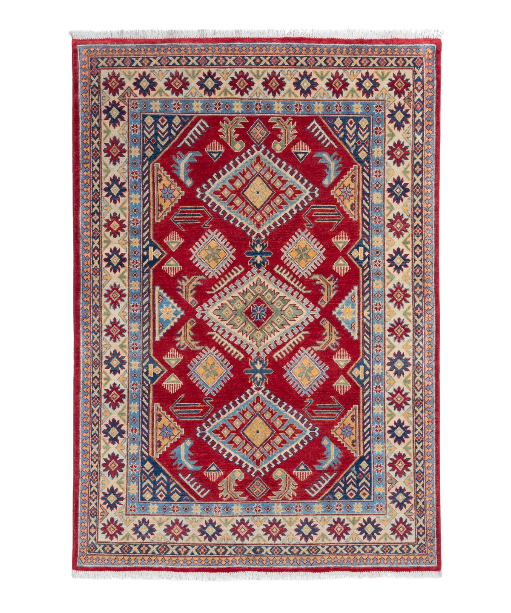 Full front view of red & blue Kazak-inspired wool rug 21987.