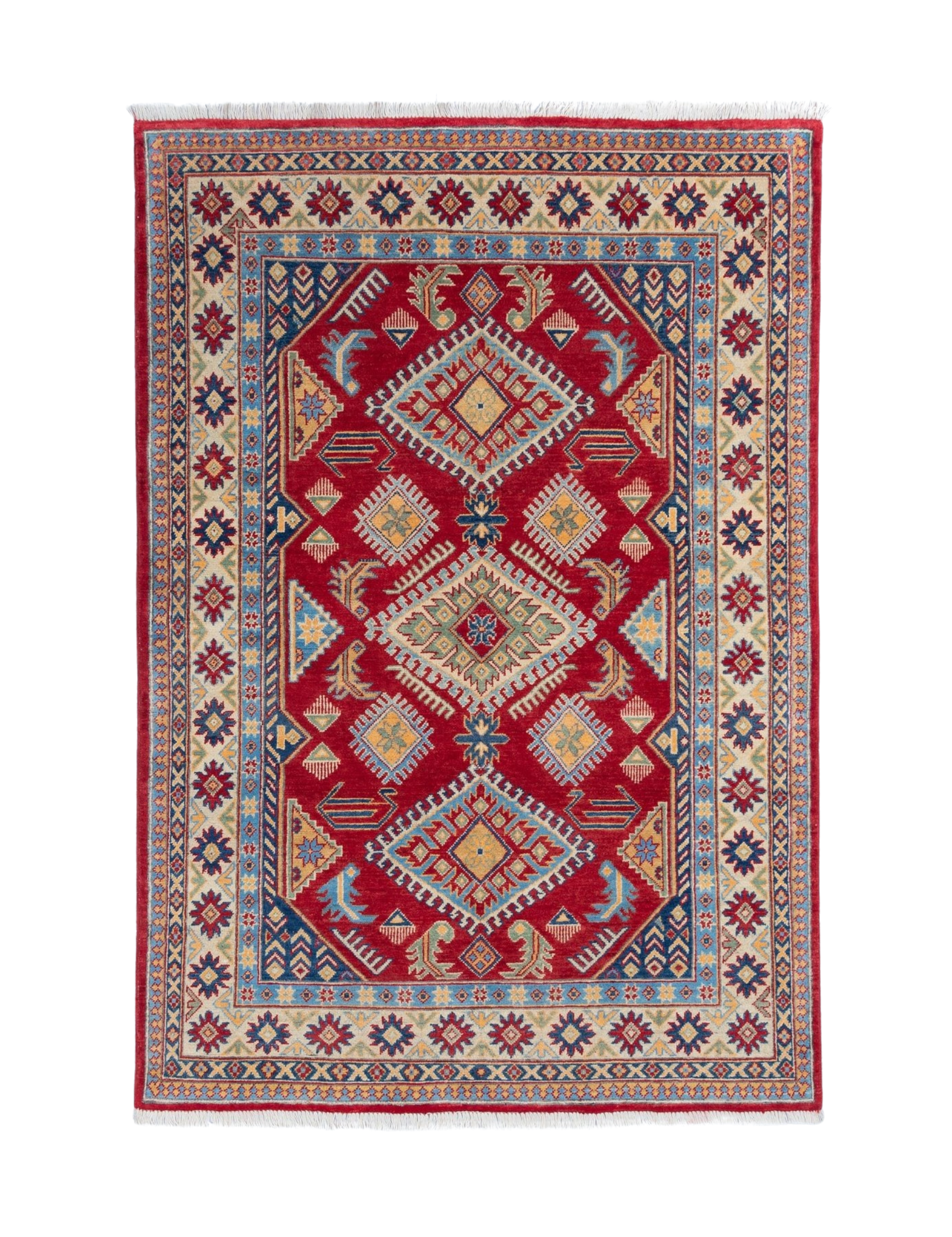 Full front view of red & blue Kazak-inspired wool rug 21987.