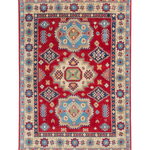Full front view of red & blue Kazak-inspired wool rug 21982.