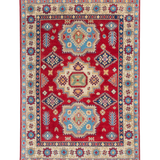 Full front view of red & blue Kazak-inspired wool rug 21982.