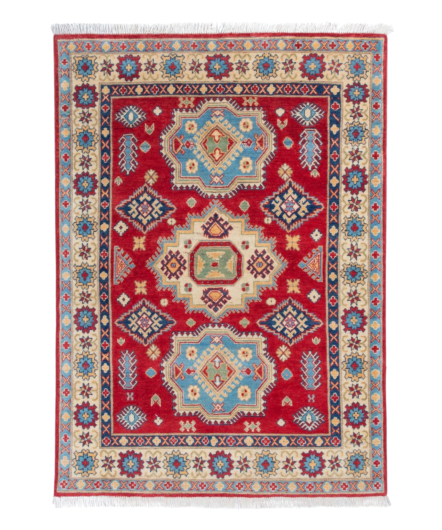 Full front view of red & blue Kazak-inspired wool rug 21982.