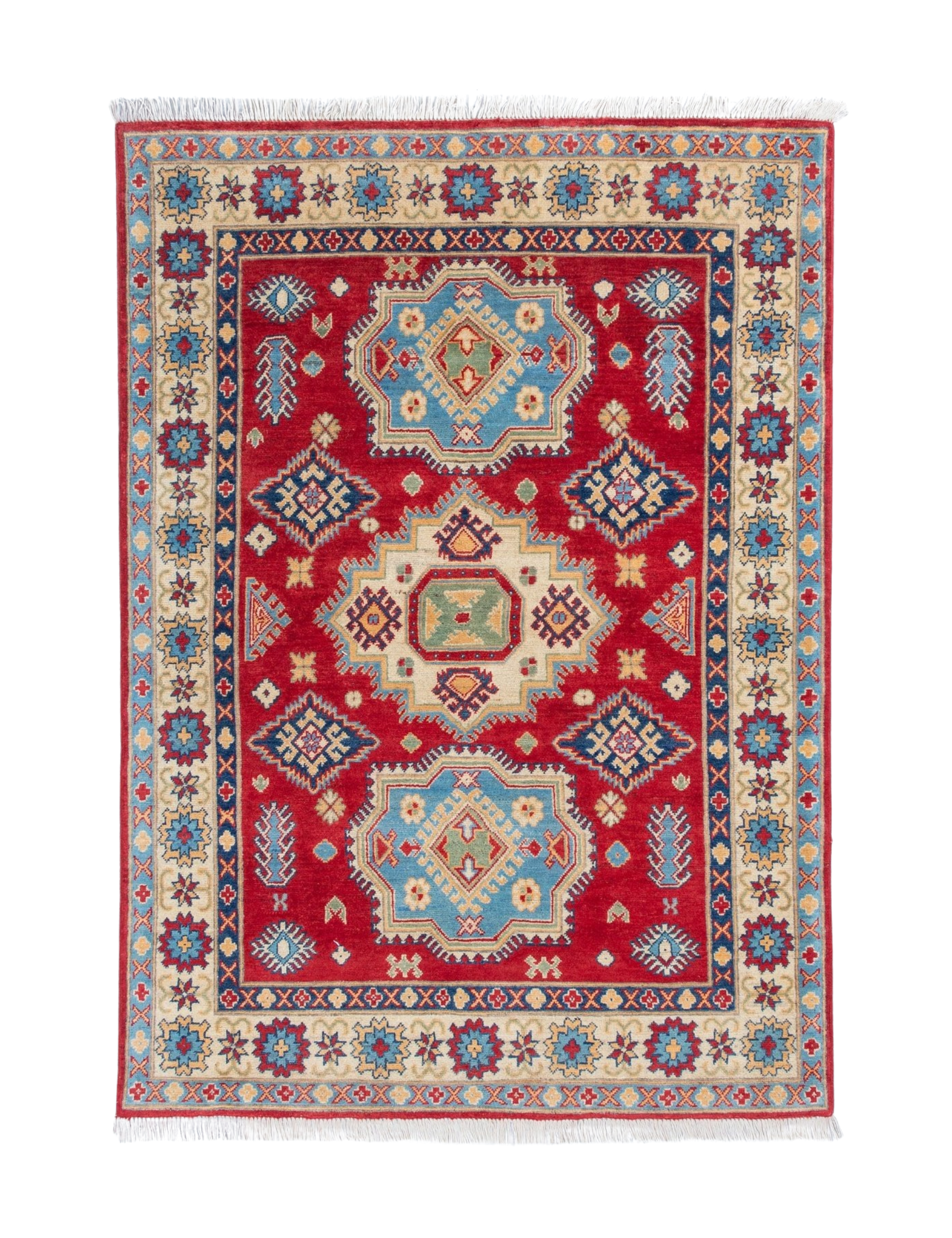 Full front view of red & blue Kazak-inspired wool rug 21982.