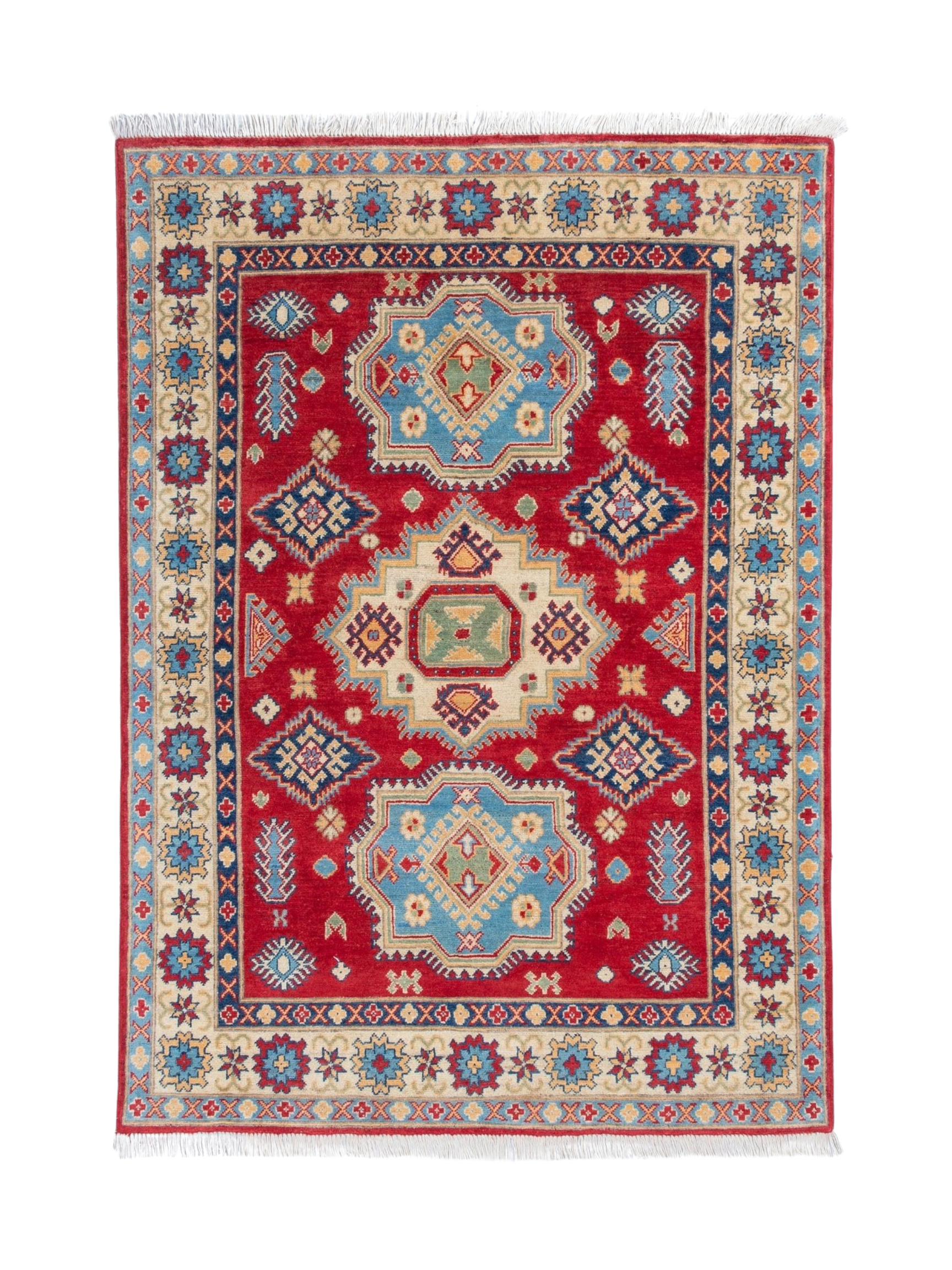 Full front view of red & blue Kazak-inspired wool rug 21982.