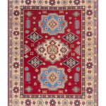 Full front view of red & blue Kazak-inspired wool rug 21543.