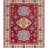 Full front view of red & blue Kazak-inspired wool rug 21543.