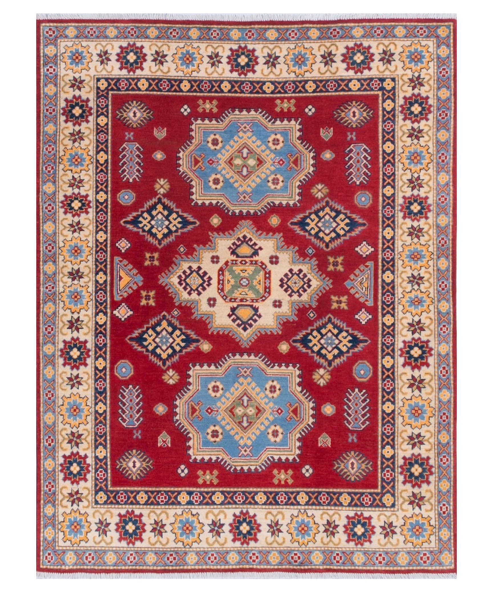 Full front view of red & blue Kazak-inspired wool rug 21543.