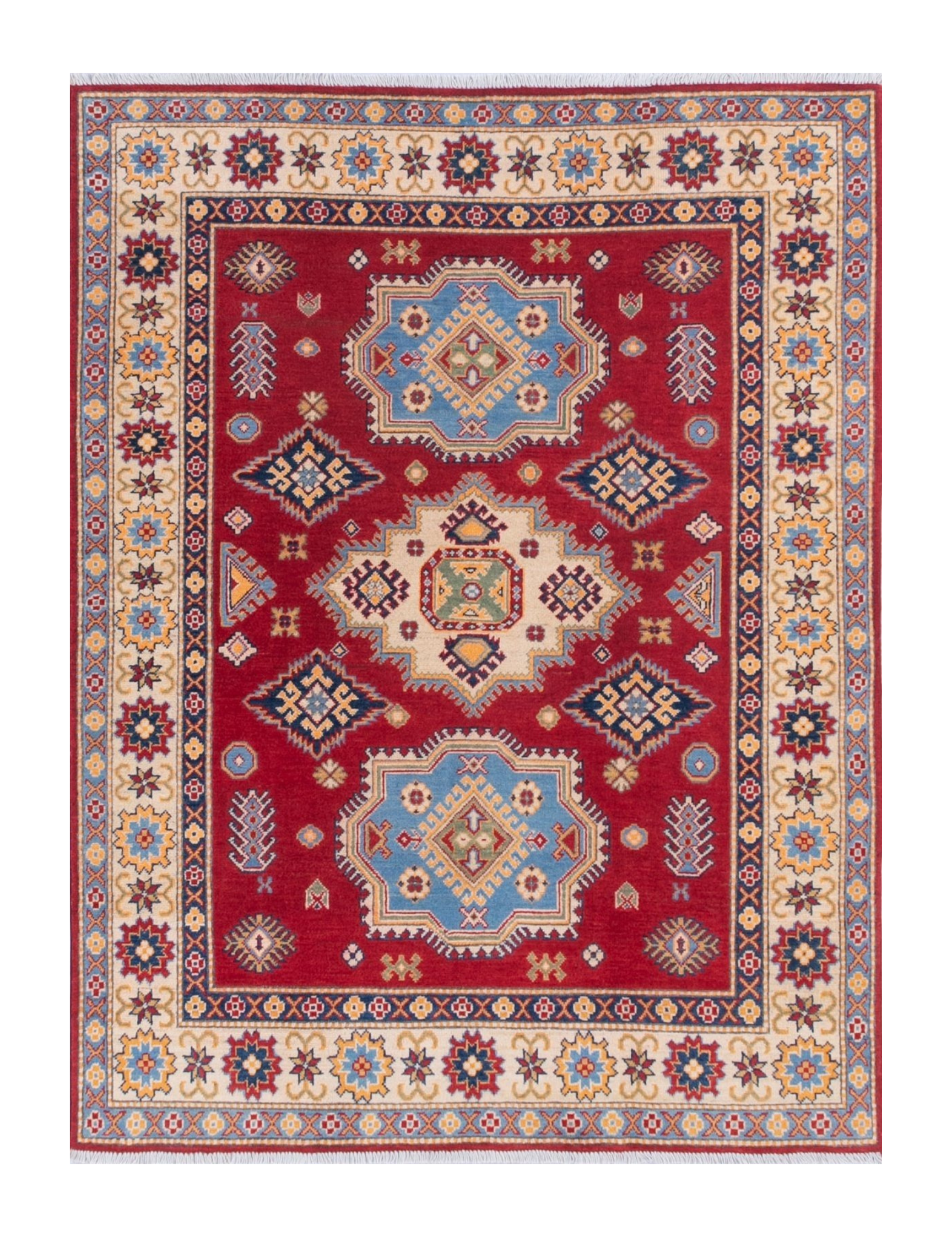 Full front view of red & blue Kazak-inspired wool rug 21543.