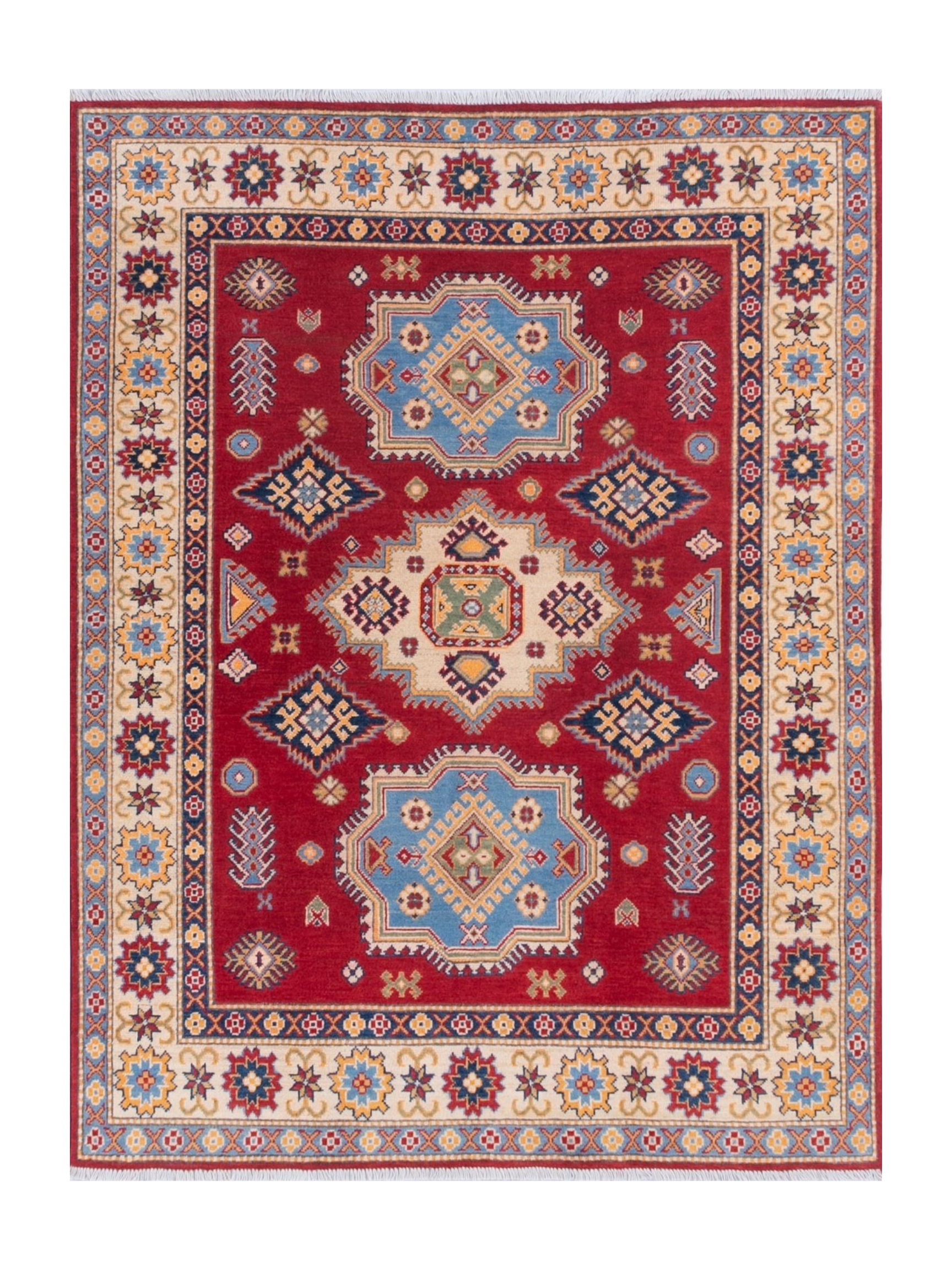 Full front view of red & blue Kazak-inspired wool rug 21543.
